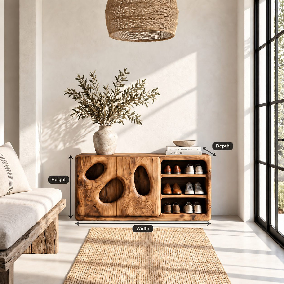 Shoe Cabinet with Organic Cutout Doors and Open Shoe Shelves, Solid Wood Entryway Shoe Storage