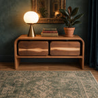 Mid Century Storage Console with Two Rounded Drawers and Open Lower Shelf, Waterfall Solid Wood Sideboard