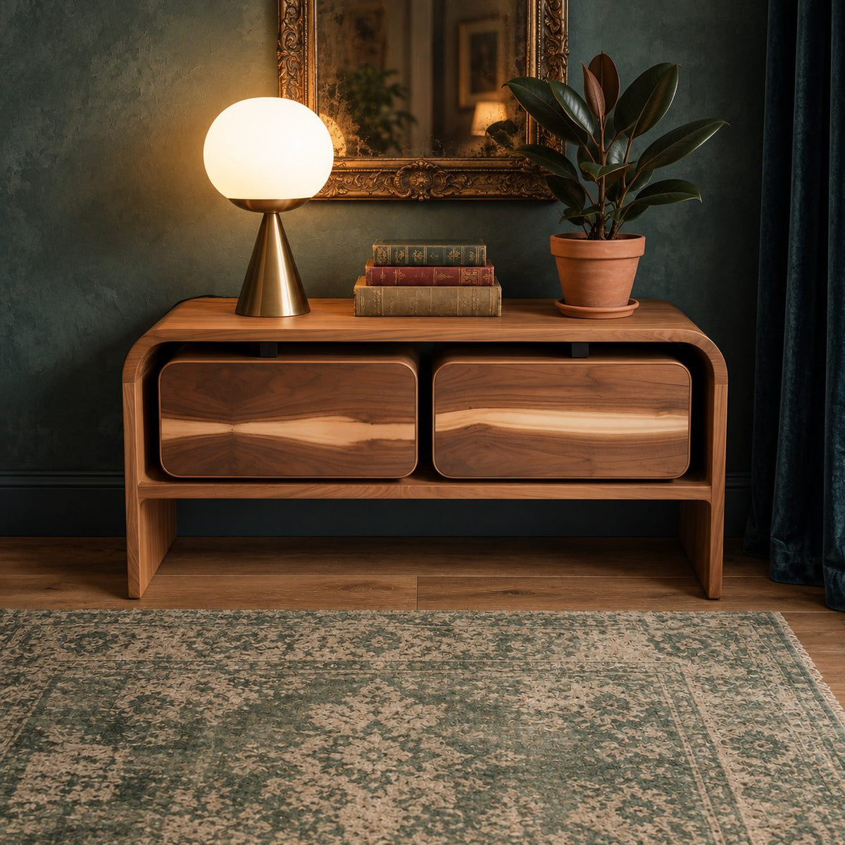 Mid Century Storage Console with Two Rounded Drawers and Open Lower Shelf, Waterfall Solid Wood Sideboard