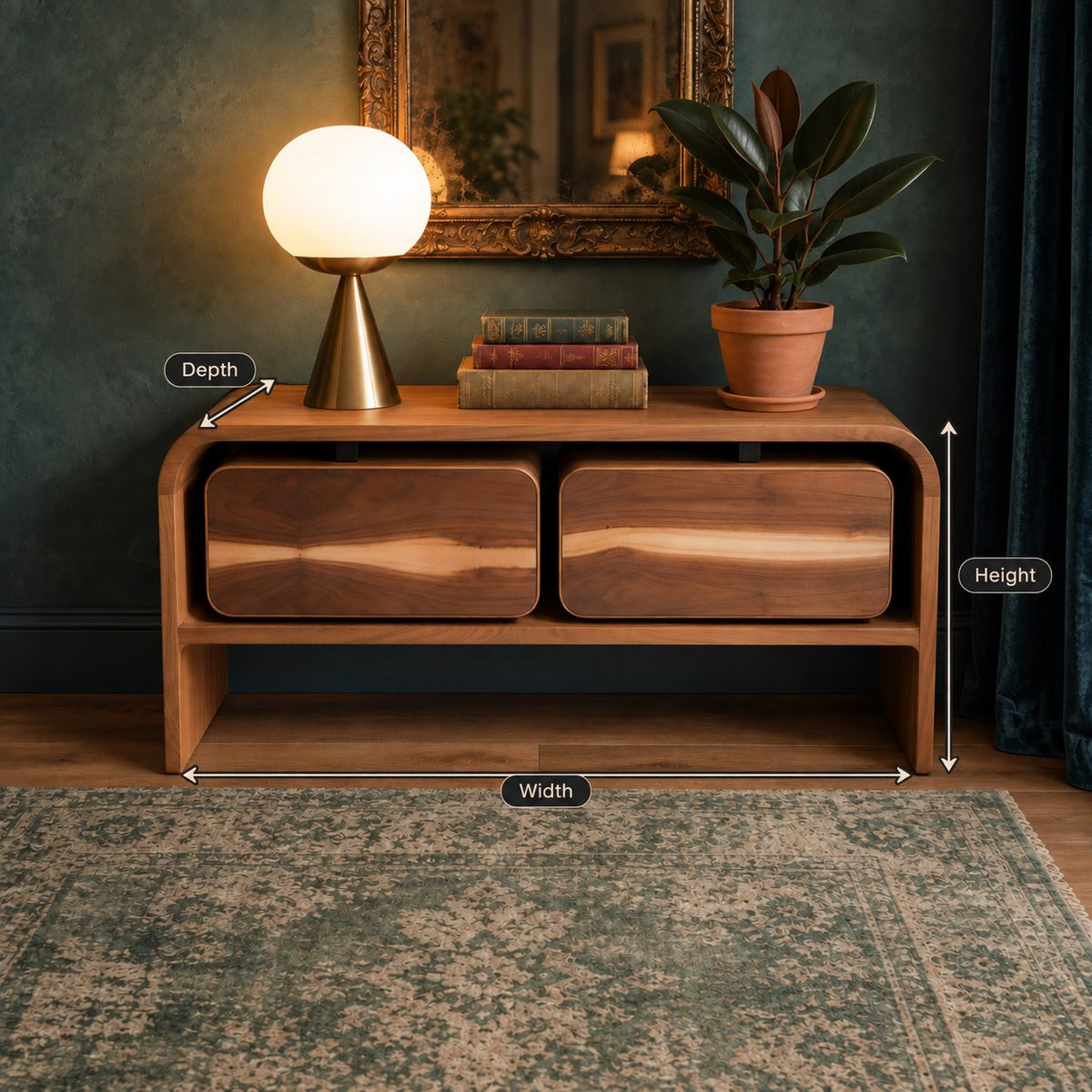 Mid Century Storage Console with Two Rounded Drawers and Open Lower Shelf, Waterfall Solid Wood Sideboard