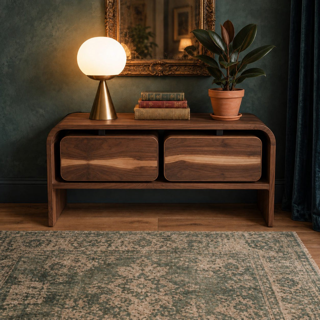 Mid Century Storage Console with Two Rounded Drawers and Open Lower Shelf, Waterfall Solid Wood Sideboard