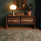 Mid Century Storage Console with Two Rounded Drawers and Open Lower Shelf, Waterfall Solid Wood Sideboard