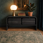 Mid Century Storage Console with Two Rounded Drawers and Open Lower Shelf, Waterfall Solid Wood Sideboard