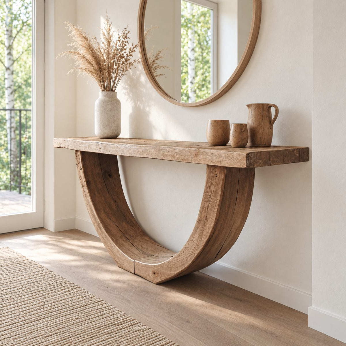 Rustic Console Table with Curved U-Shaped Base and Thick Plank Top, Solid Wood Narrow Entryway Table