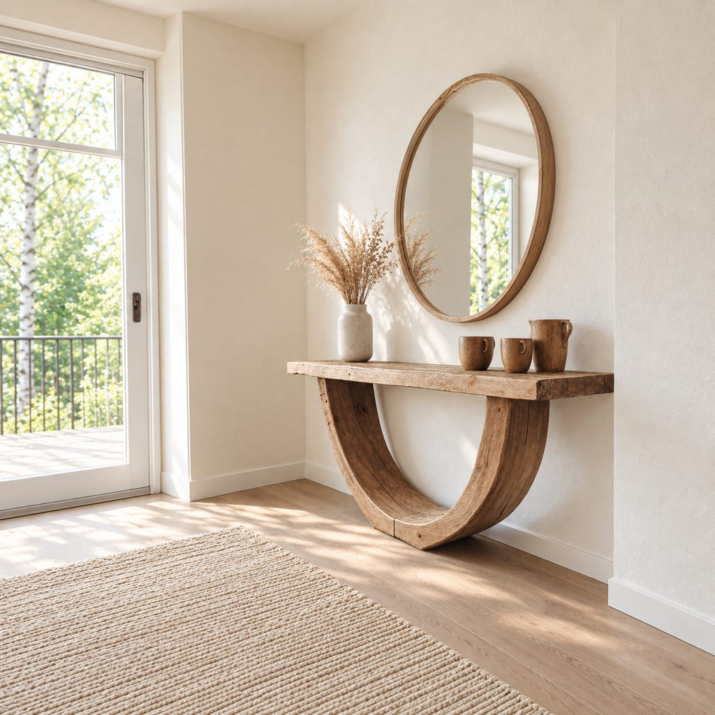 Rustic Console Table with Curved U-Shaped Base and Thick Plank Top, Solid Wood Narrow Entryway Table