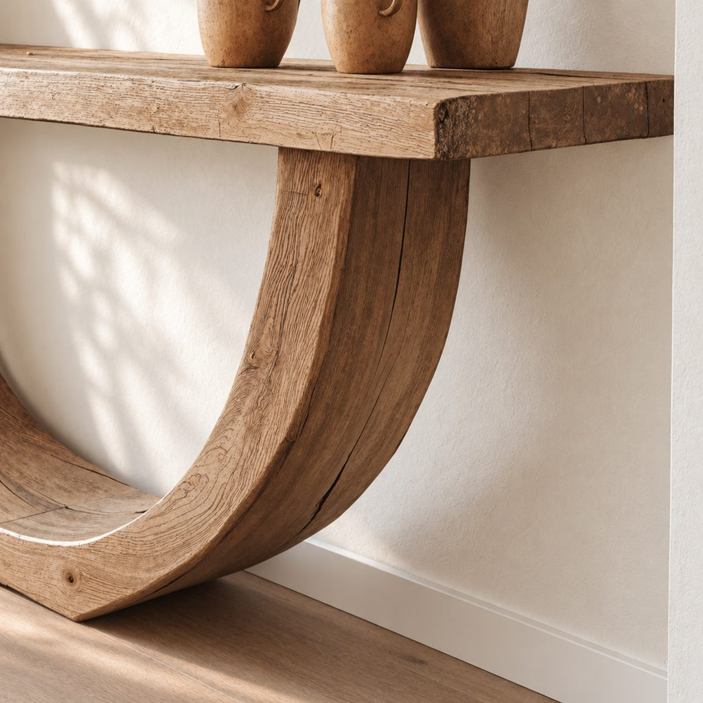 Rustic Console Table with Curved U-Shaped Base and Thick Plank Top, Solid Wood Narrow Entryway Table