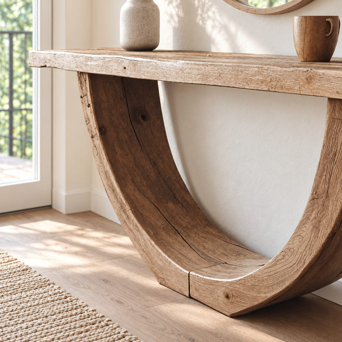 Rustic Console Table with Curved U-Shaped Base and Thick Plank Top, Solid Wood Narrow Entryway Table