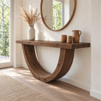 Rustic Console Table with Curved U-Shaped Base and Thick Plank Top, Solid Wood Narrow Entryway Table