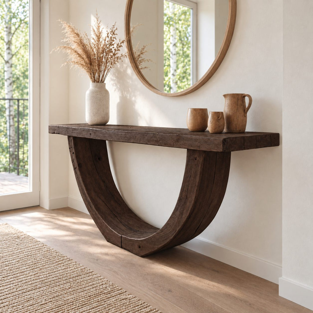 Rustic Console Table with Curved U-Shaped Base and Thick Plank Top, Solid Wood Narrow Entryway Table