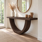 Rustic Console Table with Curved U-Shaped Base and Thick Plank Top, Solid Wood Narrow Entryway Table