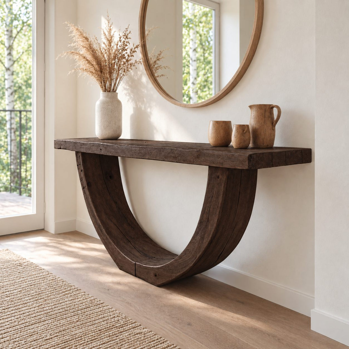 Rustic Console Table with Curved U-Shaped Base and Thick Plank Top, Solid Wood Narrow Entryway Table