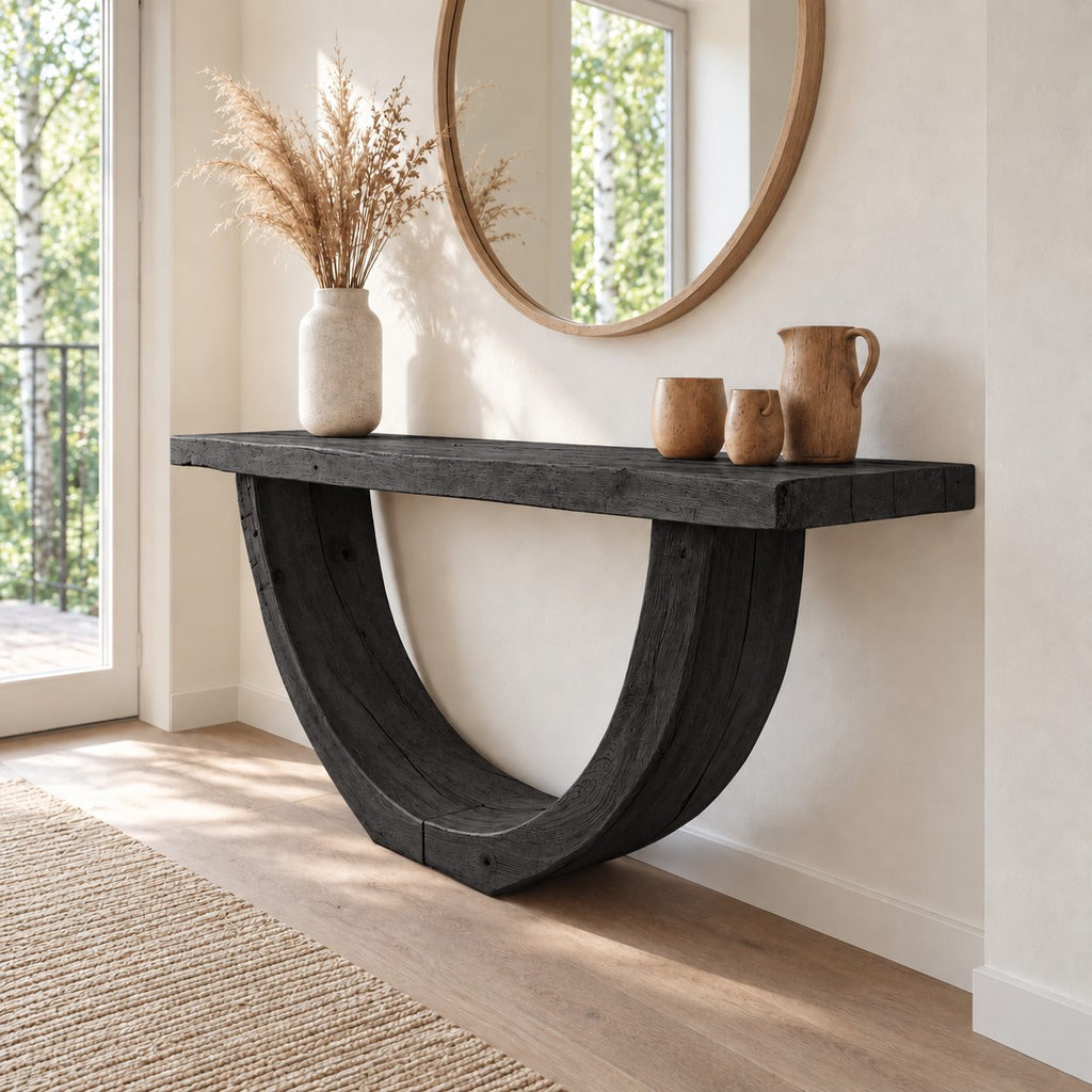 Rustic Console Table with Curved U-Shaped Base and Thick Plank Top, Solid Wood Narrow Entryway Table