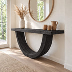 Rustic Console Table with Curved U-Shaped Base and Thick Plank Top, Solid Wood Narrow Entryway Table