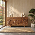 Carved Mountain Sunrise Sideboard with Three Doors, Solid Wood Storage Cabinet and Buffet for Living Room