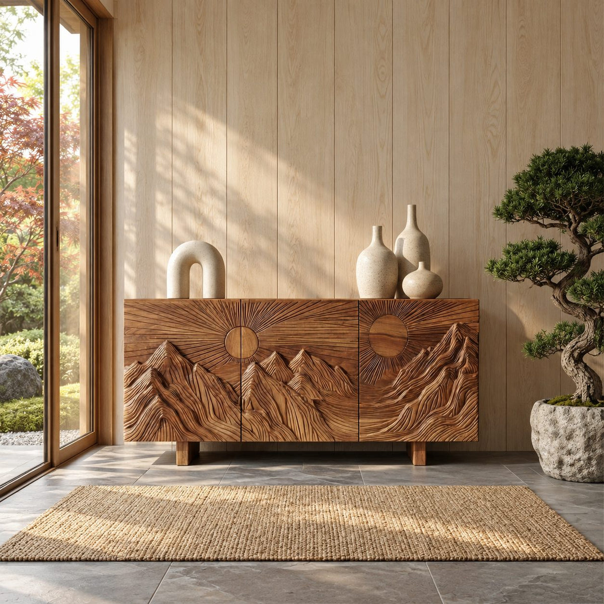 Carved Mountain Sunrise Sideboard with Three Doors, Solid Wood Storage Cabinet and Buffet for Living Room