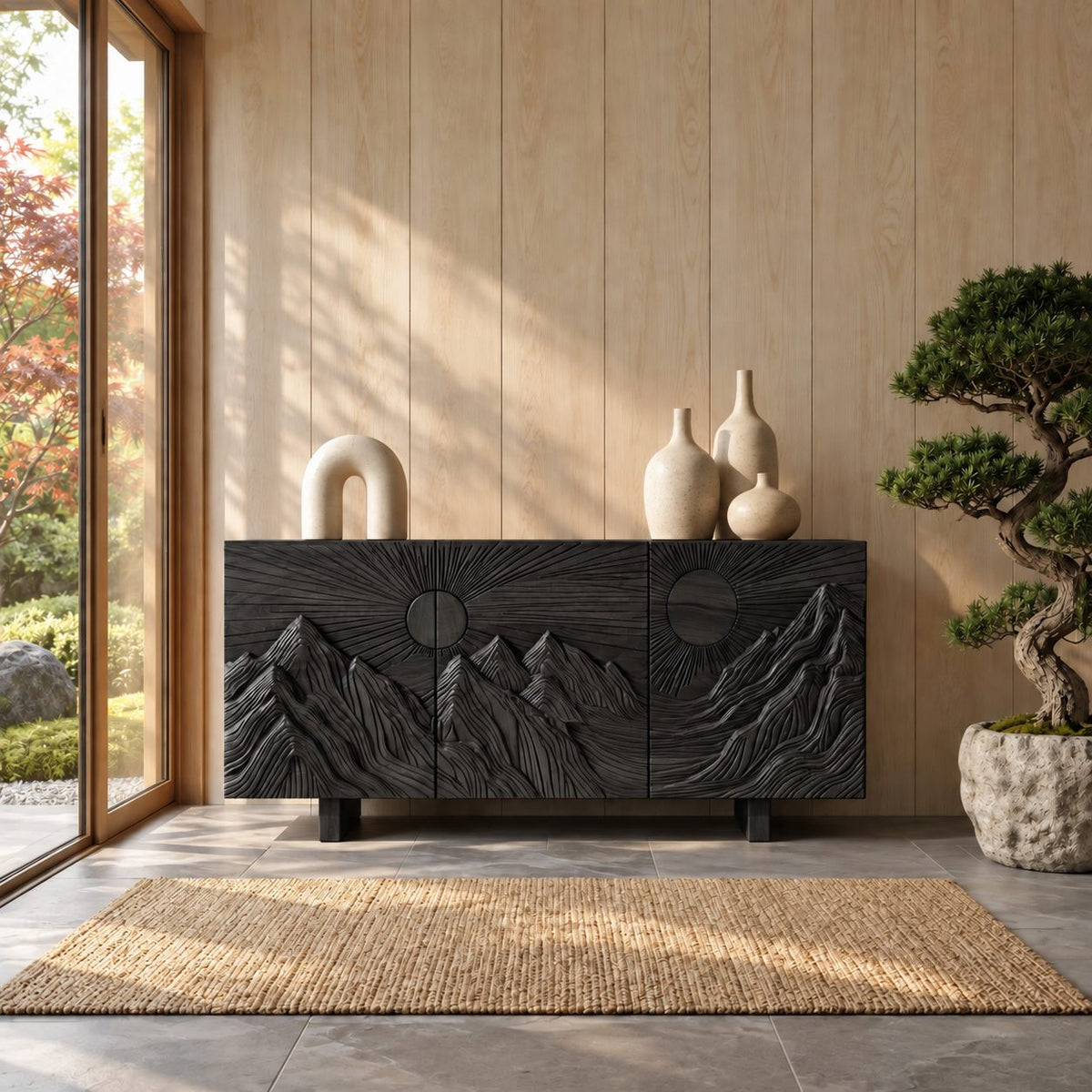 Carved Mountain Sunrise Sideboard with Three Doors, Solid Wood Storage Cabinet and Buffet for Living Room