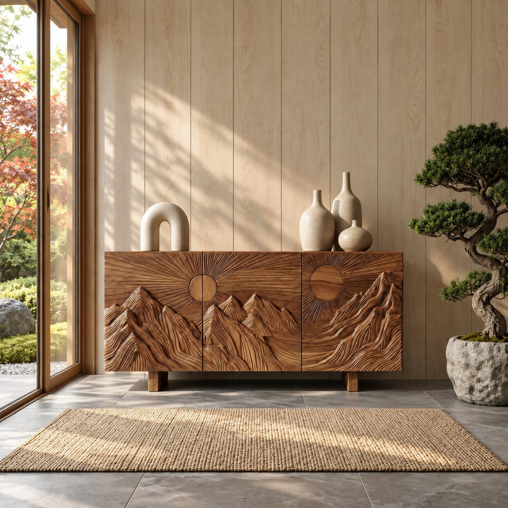 Carved Mountain Sunrise Sideboard with Three Doors, Solid Wood Storage Cabinet and Buffet for Living Room