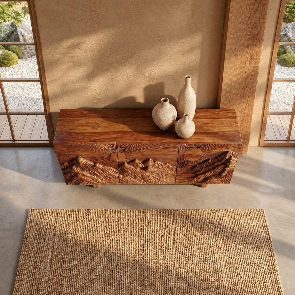 Carved Mountain Sunrise Sideboard with Three Doors, Solid Wood Storage Cabinet and Buffet for Living Room