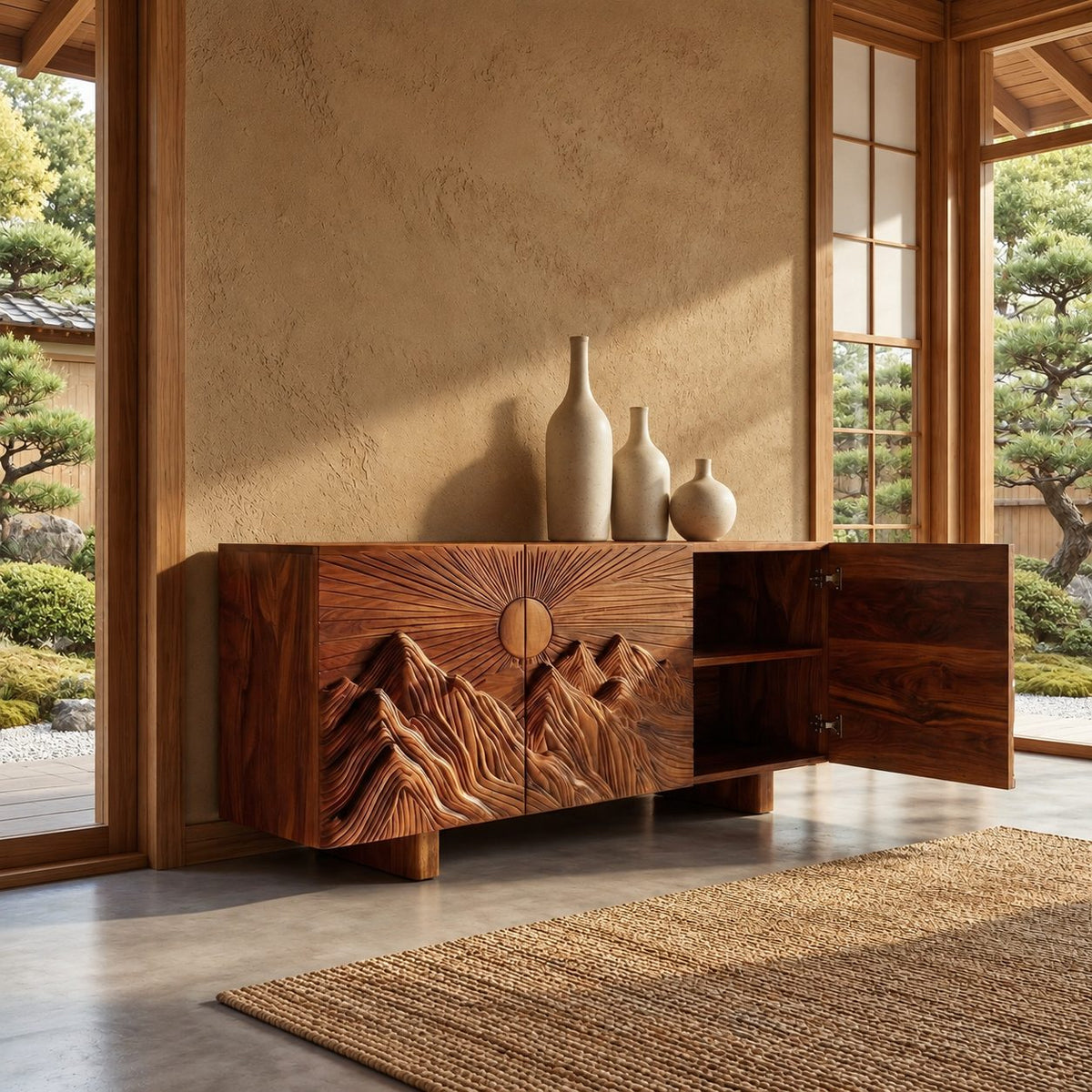 Carved Mountain Sunrise Sideboard with Three Doors, Solid Wood Storage Cabinet and Buffet for Living Room