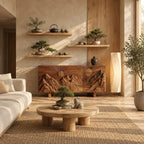 Carved Mountain Sunrise Sideboard with Three Doors, Solid Wood Storage Cabinet and Buffet for Living Room