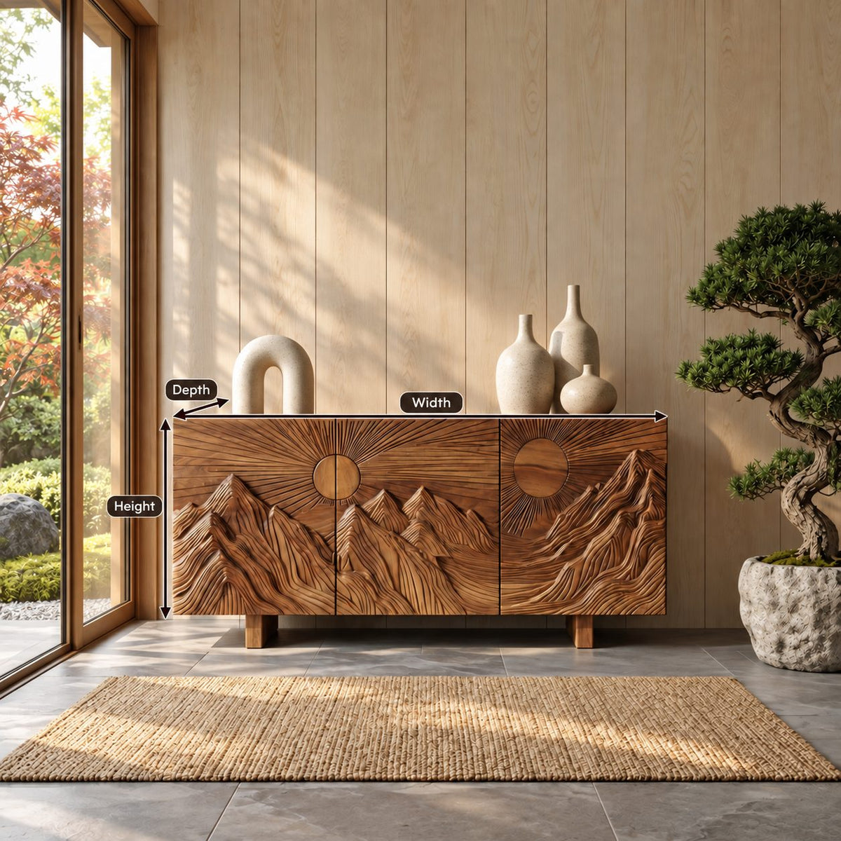 Carved Mountain Sunrise Sideboard with Three Doors, Solid Wood Storage Cabinet and Buffet for Living Room
