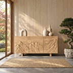 Carved Mountain Sunrise Sideboard with Three Doors, Solid Wood Storage Cabinet and Buffet for Living Room
