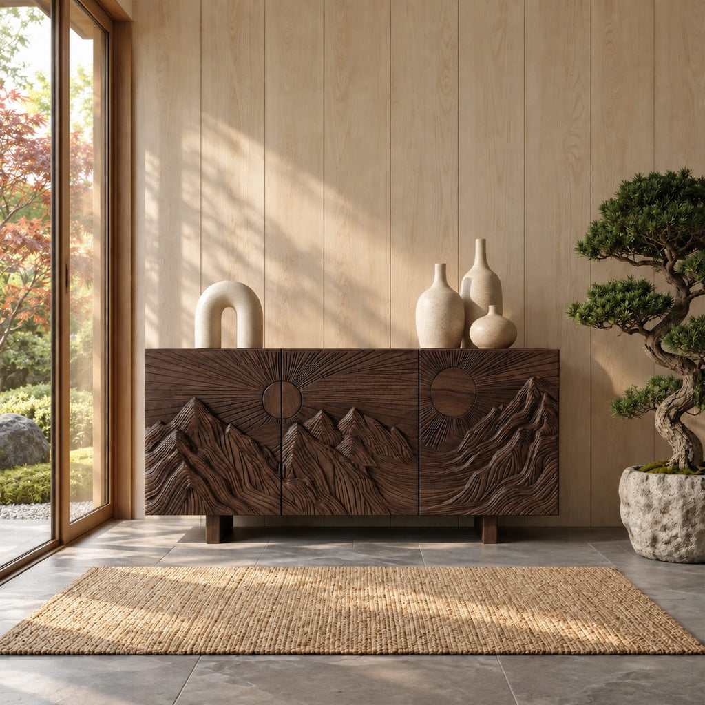 Carved Mountain Sunrise Sideboard with Three Doors, Solid Wood Storage Cabinet and Buffet for Living Room
