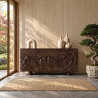Carved Mountain Sunrise Sideboard with Three Doors, Solid Wood Storage Cabinet and Buffet for Living Room