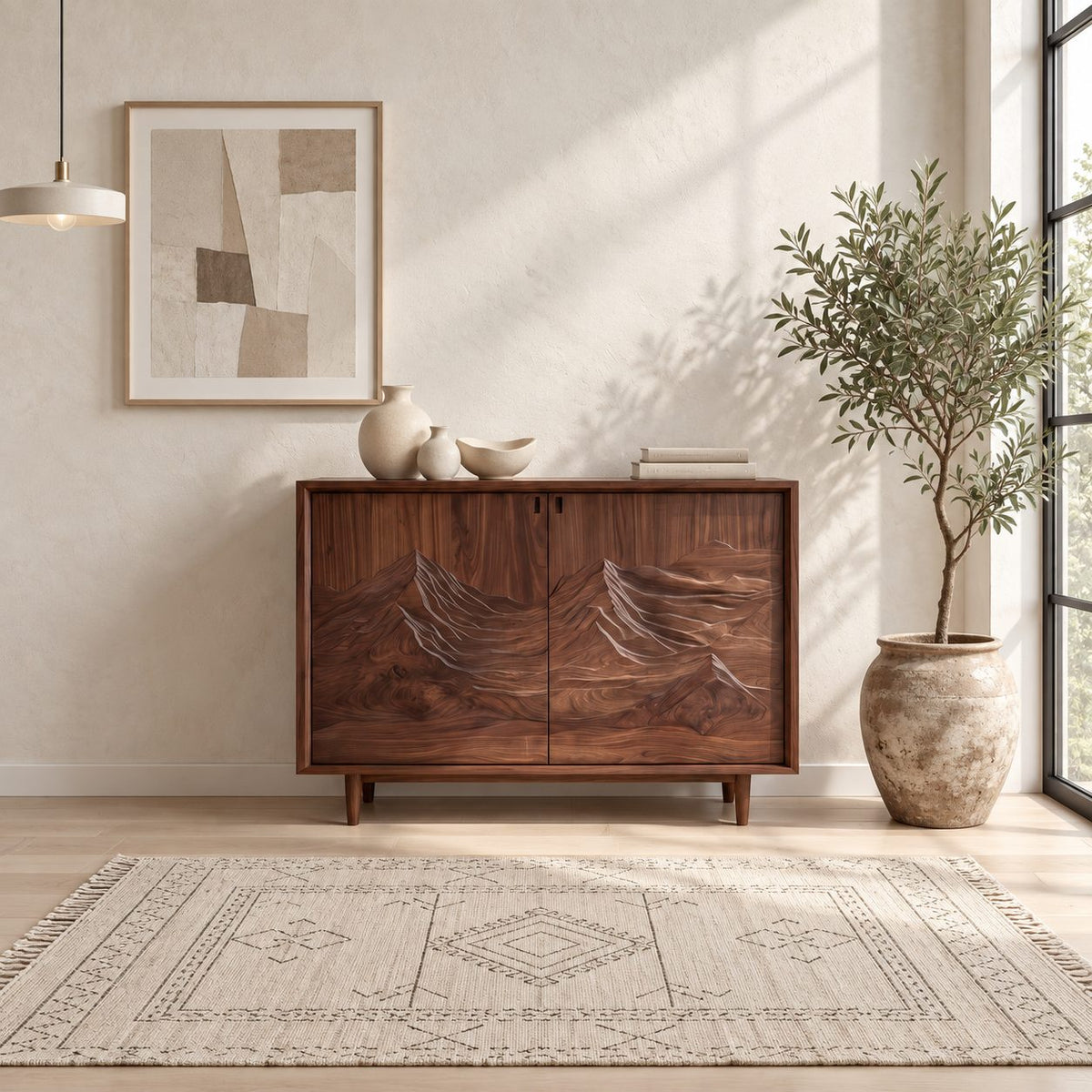 Carved Mountain Storage Cabinet with Two Relief Doors, Mid Century Solid Wood Sideboard on Tapered Legs