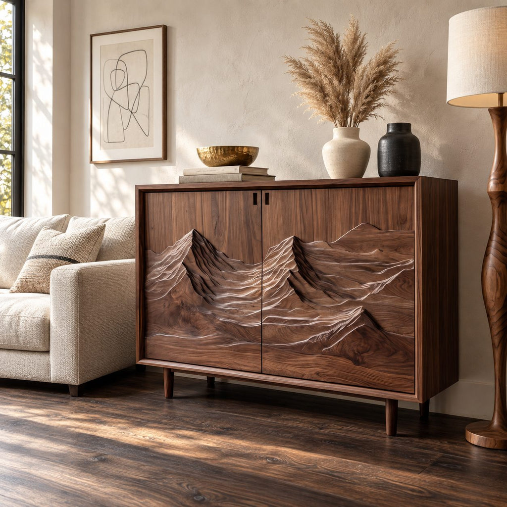 Carved Mountain Storage Cabinet with Two Relief Doors, Mid Century Solid Wood Sideboard on Tapered Legs