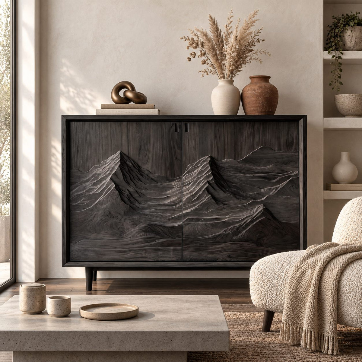 Carved Mountain Storage Cabinet with Two Relief Doors, Mid Century Solid Wood Sideboard on Tapered Legs