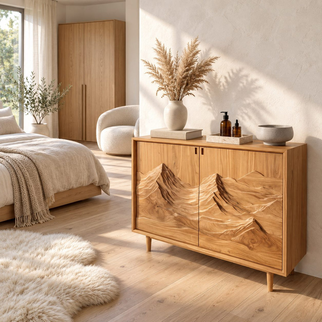 Carved Mountain Storage Cabinet with Two Relief Doors, Mid Century Solid Wood Sideboard on Tapered Legs