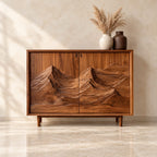 Carved Mountain Storage Cabinet with Two Relief Doors, Mid Century Solid Wood Sideboard on Tapered Legs
