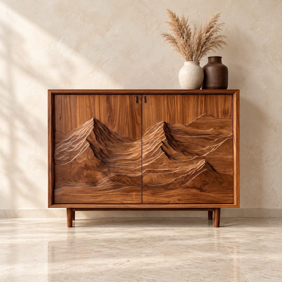 Carved Mountain Storage Cabinet with Two Relief Doors, Mid Century Solid Wood Sideboard on Tapered Legs
