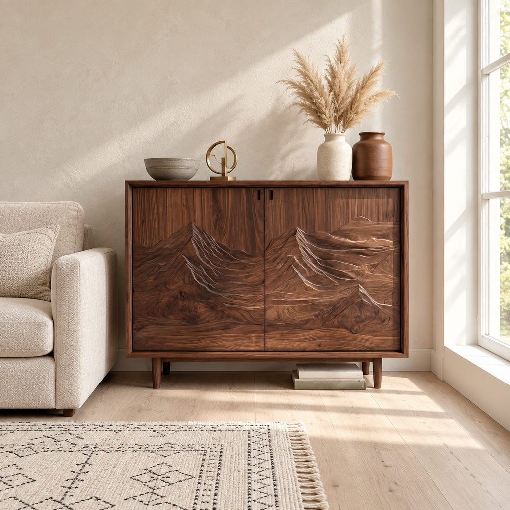 Carved Mountain Storage Cabinet with Two Relief Doors, Mid Century Solid Wood Sideboard on Tapered Legs