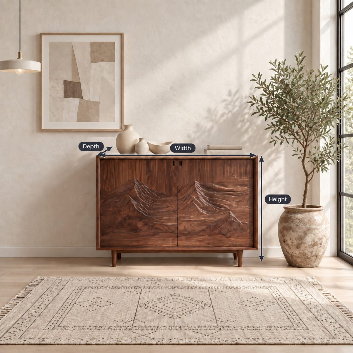 Carved Mountain Storage Cabinet with Two Relief Doors, Mid Century Solid Wood Sideboard on Tapered Legs