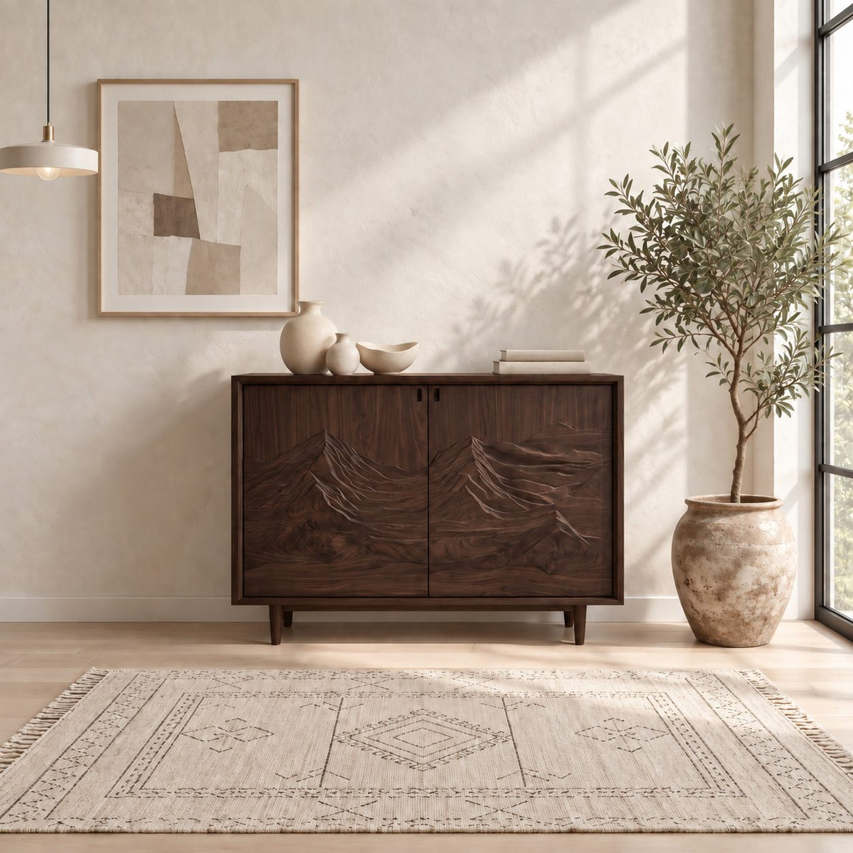 Carved Mountain Storage Cabinet with Two Relief Doors, Mid Century Solid Wood Sideboard on Tapered Legs