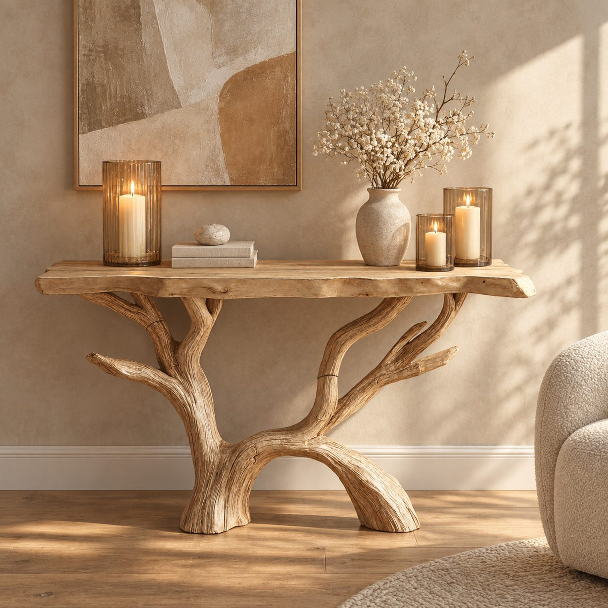 Tree Branch Console Table with Arched Driftwood Base, Rustic Live Edge Solid Wood Entryway Table