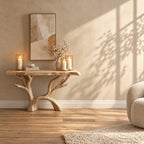 Tree Branch Console Table with Arched Driftwood Base, Rustic Live Edge Solid Wood Entryway Table