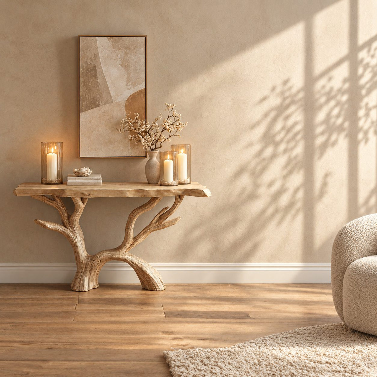 Tree Branch Console Table with Arched Driftwood Base, Rustic Live Edge Solid Wood Entryway Table