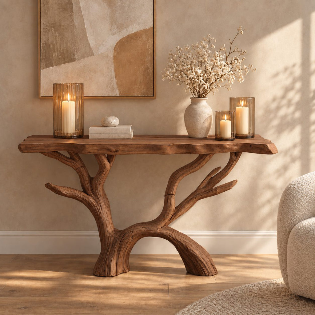 Tree Branch Console Table with Arched Driftwood Base, Rustic Live Edge Solid Wood Entryway Table