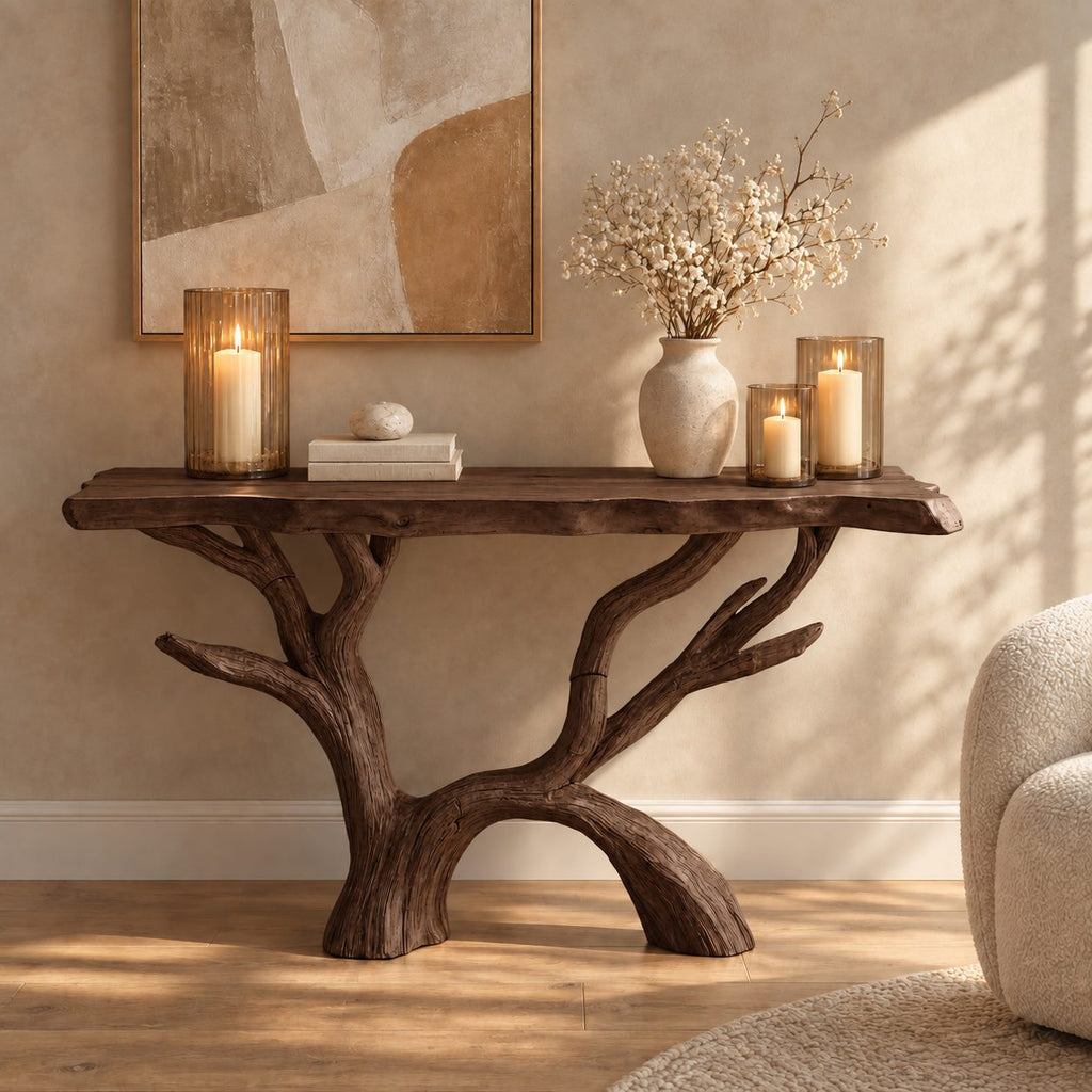 Tree Branch Console Table with Arched Driftwood Base, Rustic Live Edge Solid Wood Entryway Table