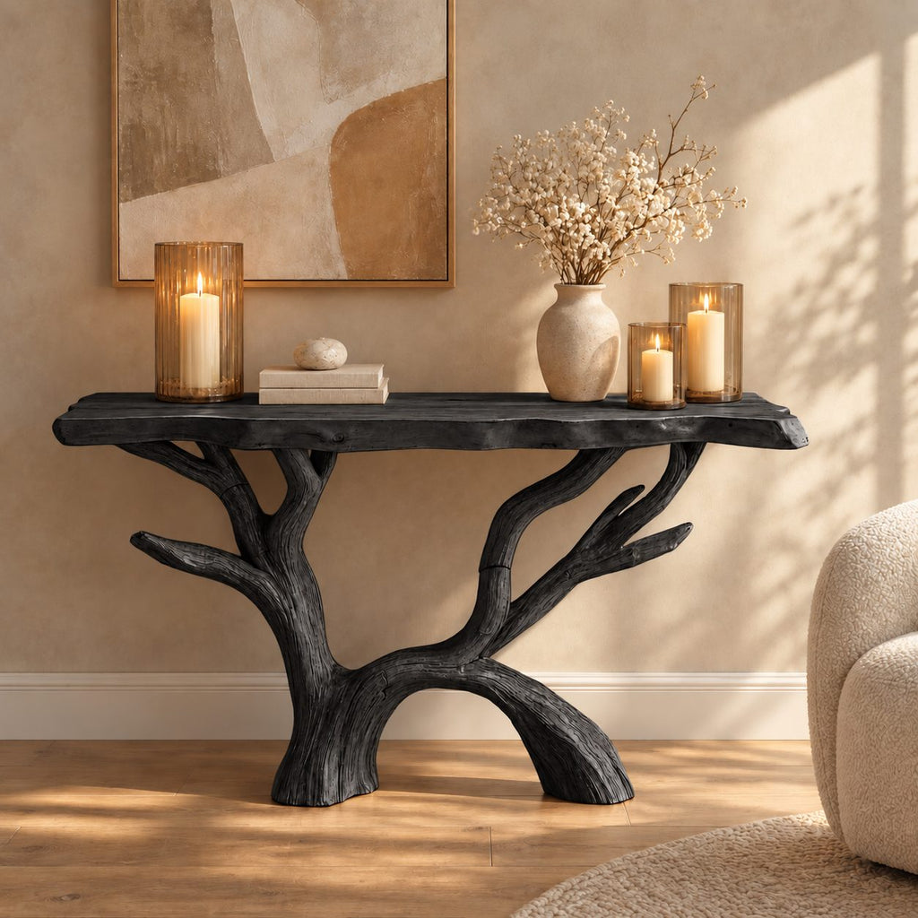 Tree Branch Console Table with Arched Driftwood Base, Rustic Live Edge Solid Wood Entryway Table