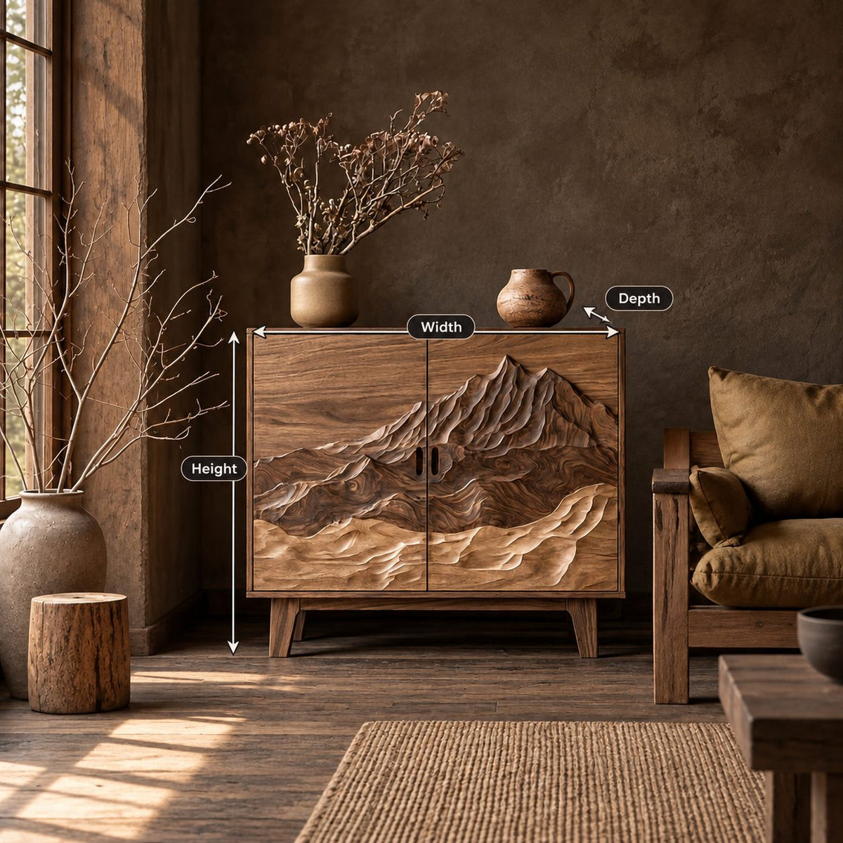 Mountain Peak Carved Storage Cabinet with Two Doors, Solid Wood Sideboard Buffet on Tapered Legs