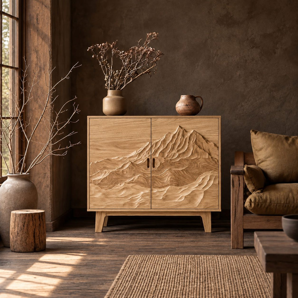 Mountain Peak Carved Storage Cabinet with Two Doors, Solid Wood Sideboard Buffet on Tapered Legs