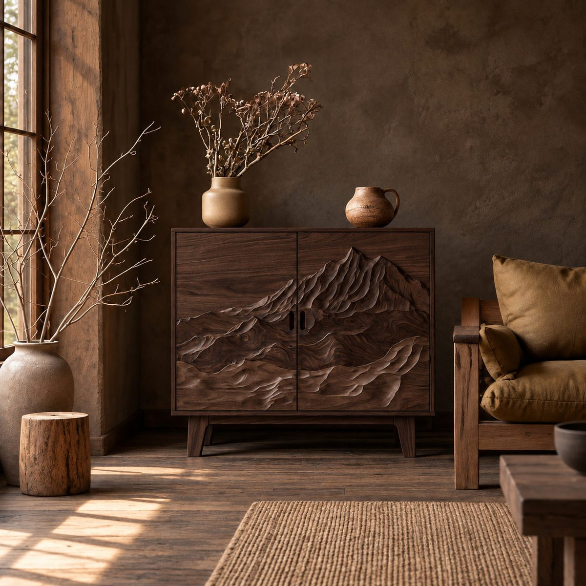 Mountain Peak Carved Storage Cabinet with Two Doors, Solid Wood Sideboard Buffet on Tapered Legs