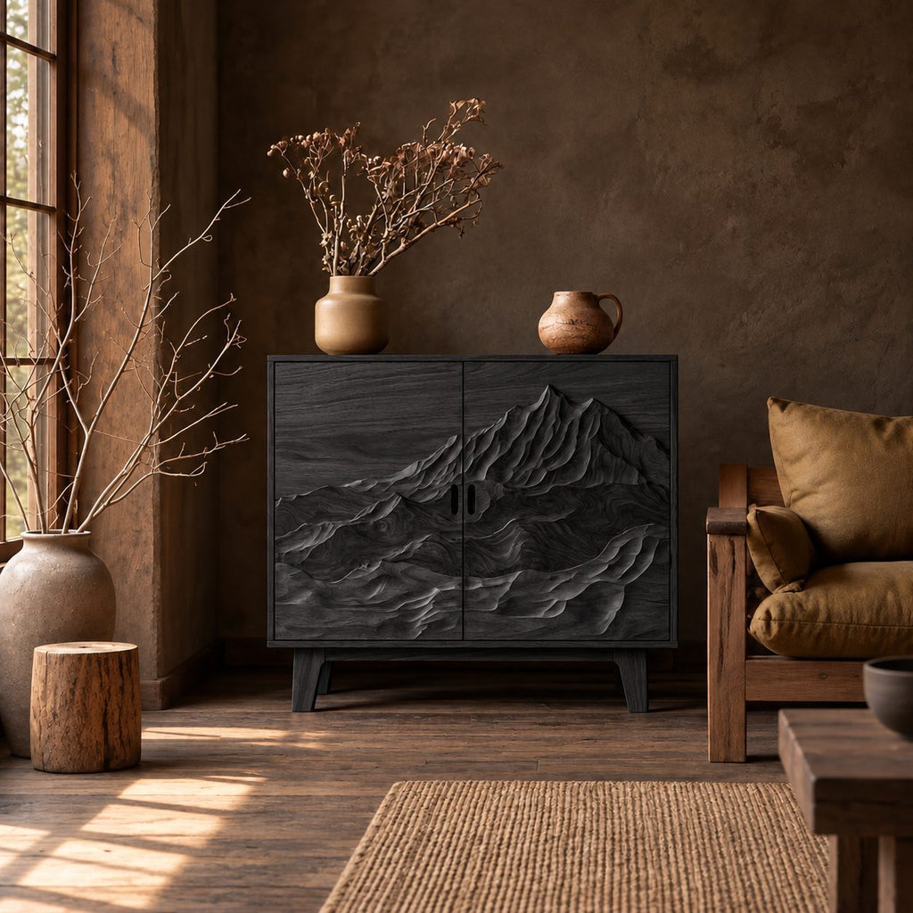 Mountain Peak Carved Storage Cabinet with Two Doors, Solid Wood Sideboard Buffet on Tapered Legs