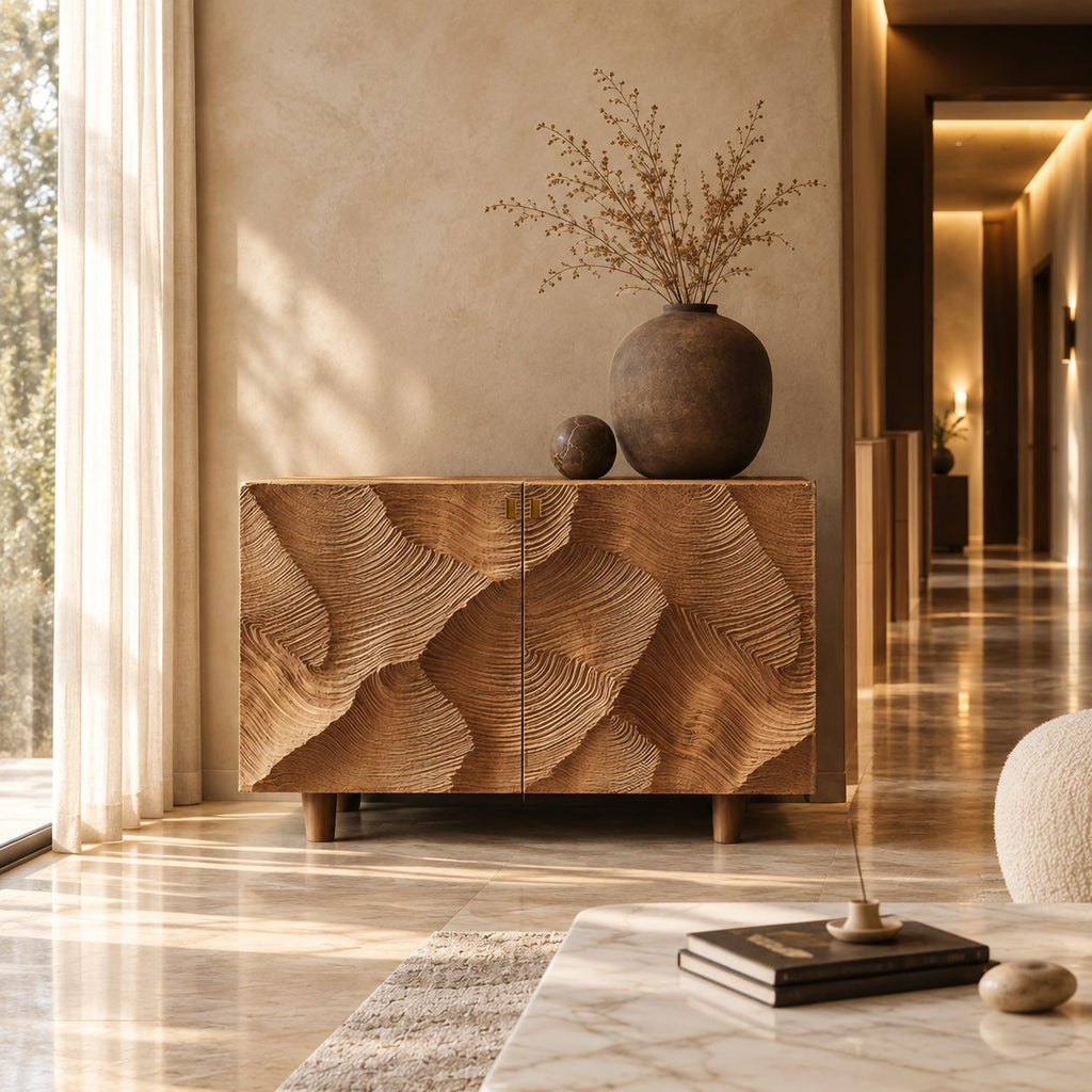 Topographic Carved Sideboard with Two Doors, Solid Wood Storage Cabinet and Buffet for Living Room