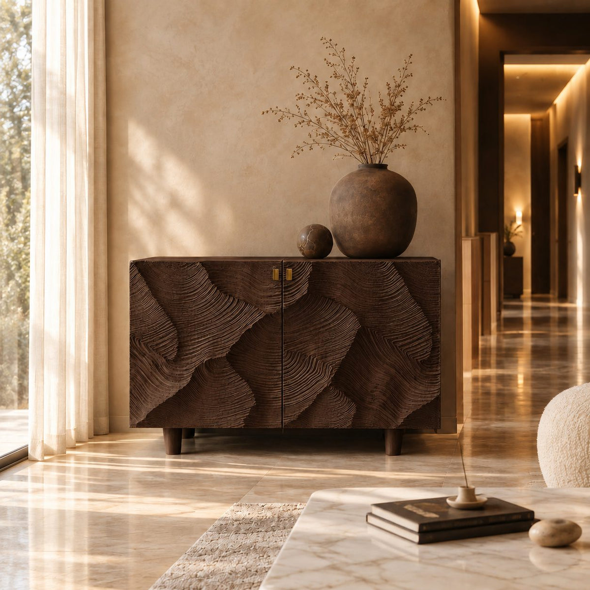 Topographic Carved Sideboard with Two Doors, Solid Wood Storage Cabinet and Buffet for Living Room