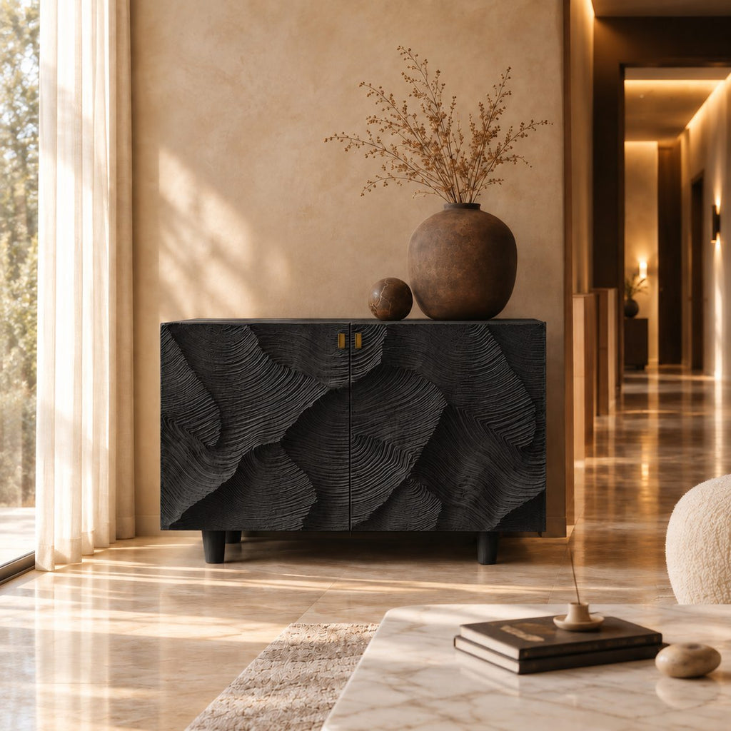 Topographic Carved Sideboard with Two Doors, Solid Wood Storage Cabinet and Buffet for Living Room